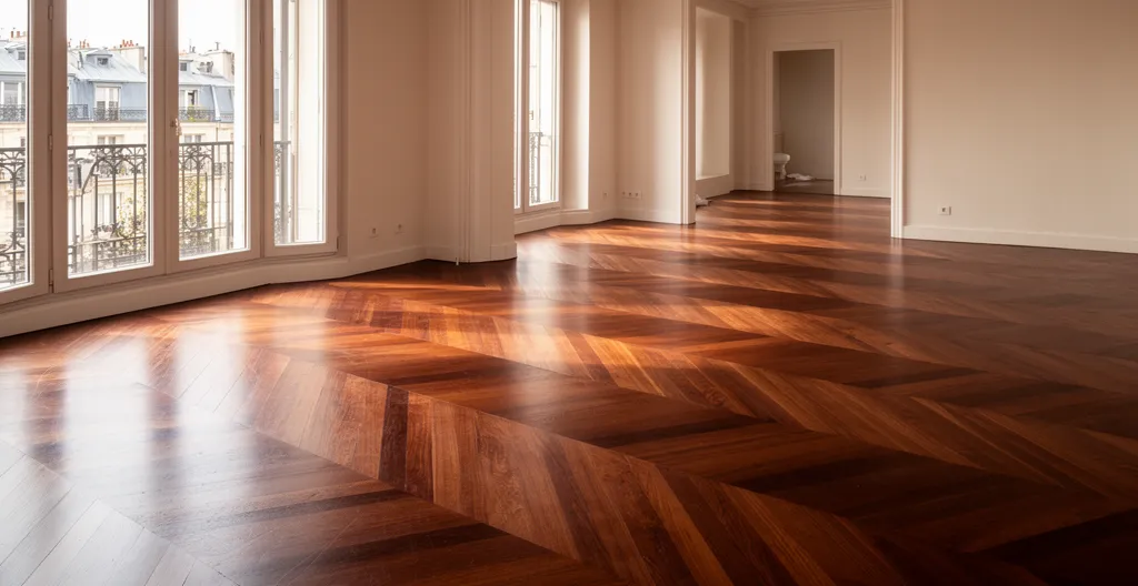 Intérieur d'appartement rénové avec parquet chevron et grandes fenêtres lumineuses