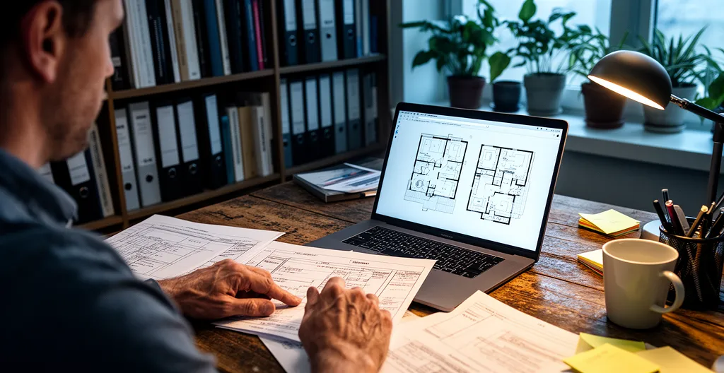 Professionnel consultant documents immobiliers sur bureau avec ordinateur portable