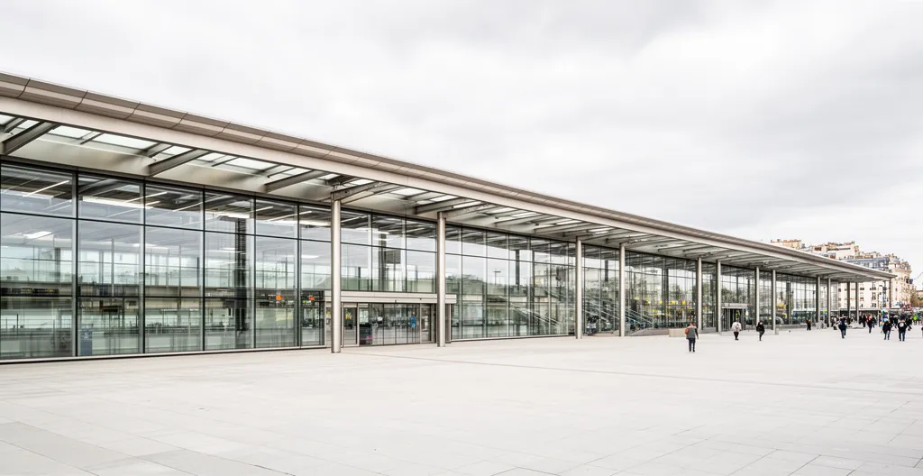 Extérieur de station Grand Paris Express avec architecture contemporaine verre et acier