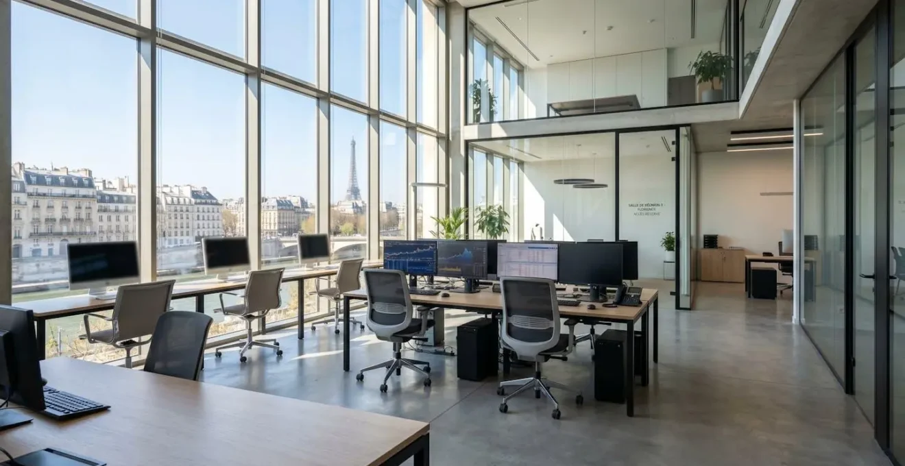 Vue grand angle d'un bureau moderne et lumineux avec de grandes baies vitrées, écrans d'ordinateur affichant des données financières floutées, espace de travail vide et épuré