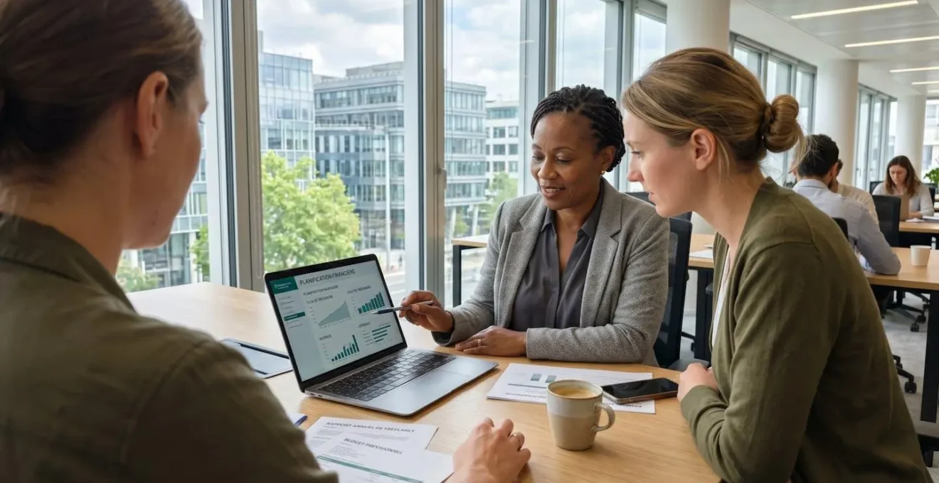 Un conseiller financier et un client indépendant échangent des documents lors d'un rendez-vous dans un bureau lumineux, vue par-dessus l'épaule