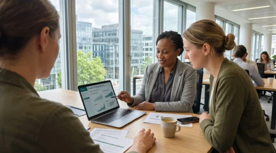 Un conseiller financier et un client indépendant échangent des documents lors d'un rendez-vous dans un bureau lumineux, vue par-dessus l'épaule
