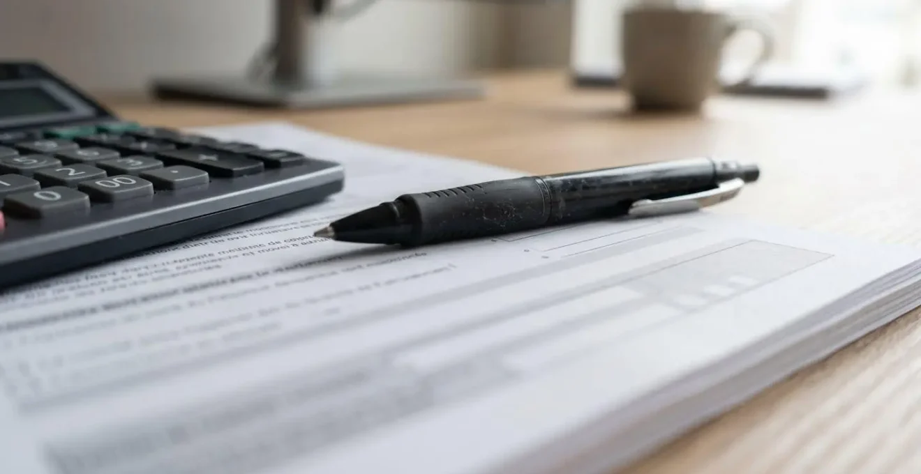 Gros plan sur des documents fiscaux français posés sur un bureau blanc avec un stylo et une calculatrice moderne, mise au point nette au premier plan