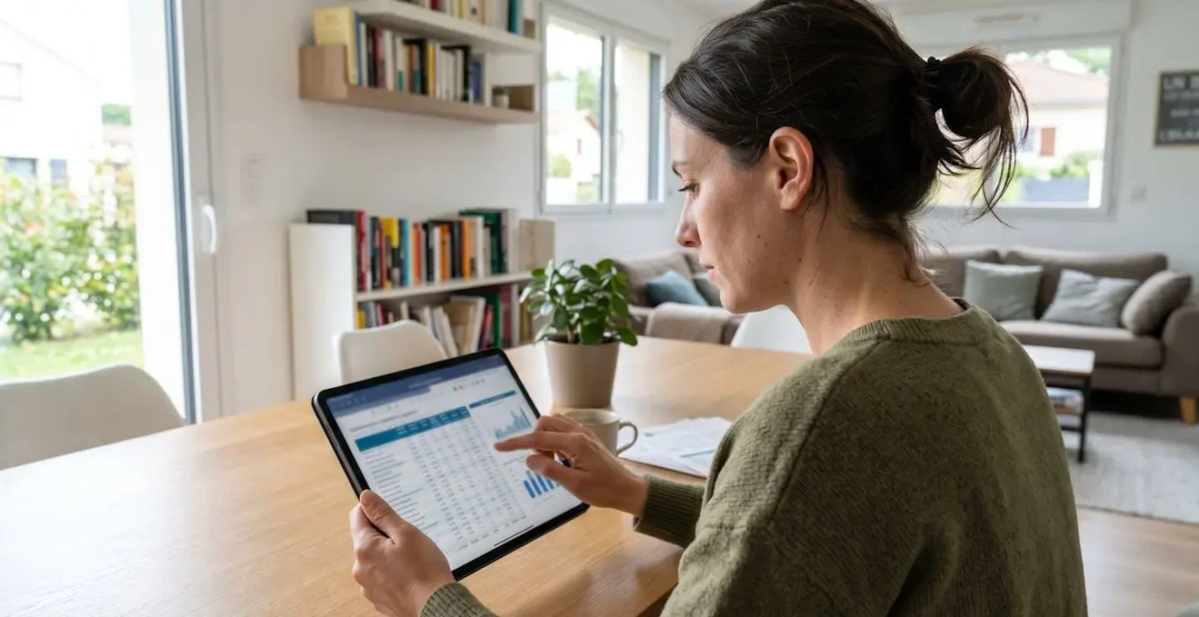 Femme dans la trentaine analysant des données immobilières sur une tablette, vue de trois-quarts arrière montrant sa main sur l'écran, intérieur de maison moderne et lumineux