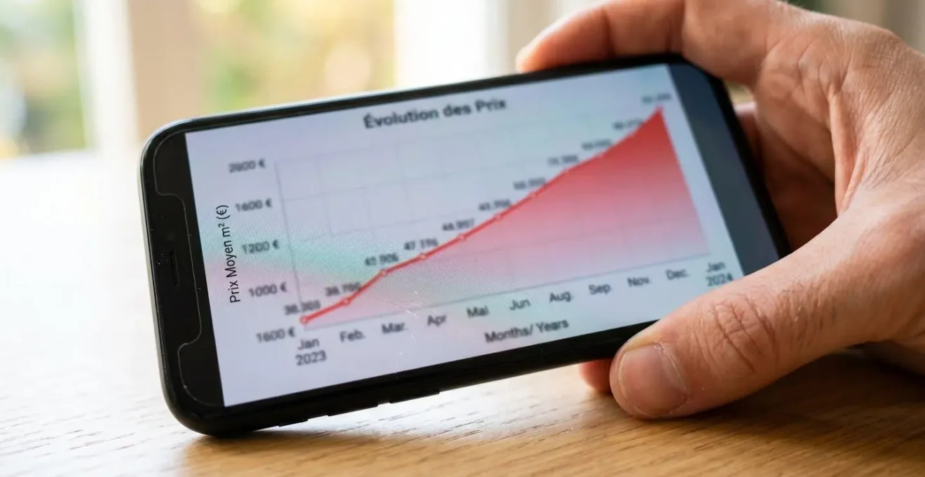 Gros plan macro sur un écran de smartphone affichant un graphique d'évolution des prix avec une courbe de tendance, détails floutés, arrière-plan en bokeh