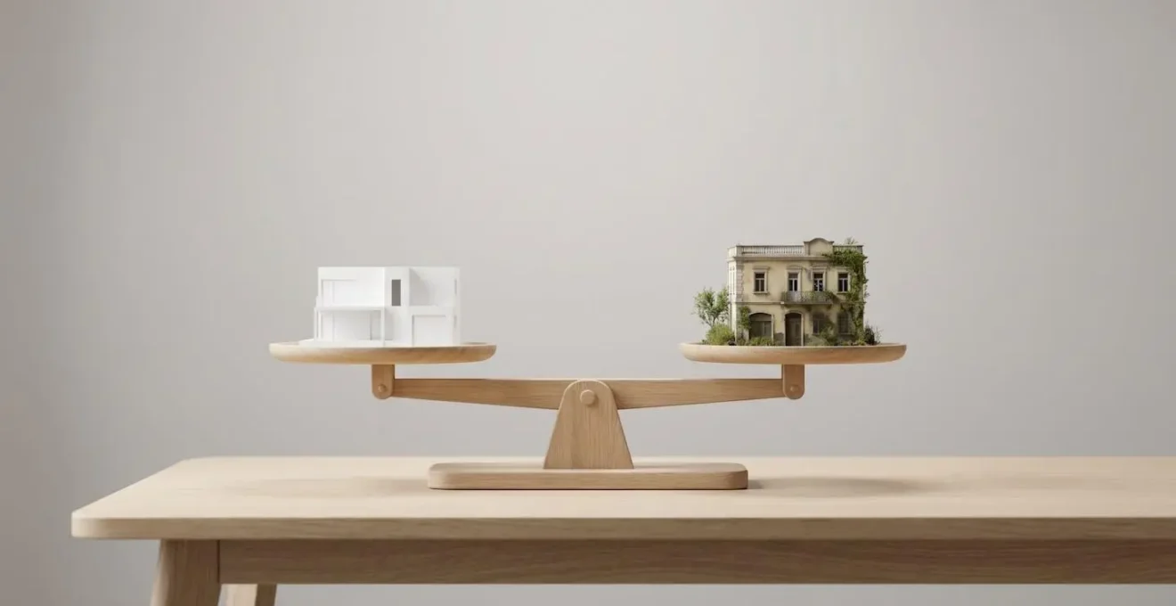 Balance en bois clair avec deux plateaux : maquette architecturale blanche immaculée à gauche, maquette patinée avec végétation miniature à droite, symbolisant l'arbitrage entre LMNP neuf et occasion