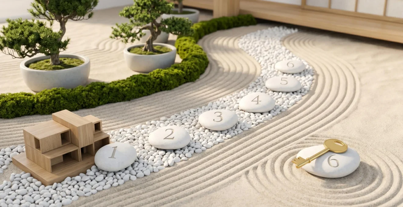 Chemin de galets blancs numérotés de 1 à 6 en français sur sable zen ratissé, débutant par maquette architecturale bois clair et aboutissant à clé dorée, symbolisant parcours d'acquisition sécurisé