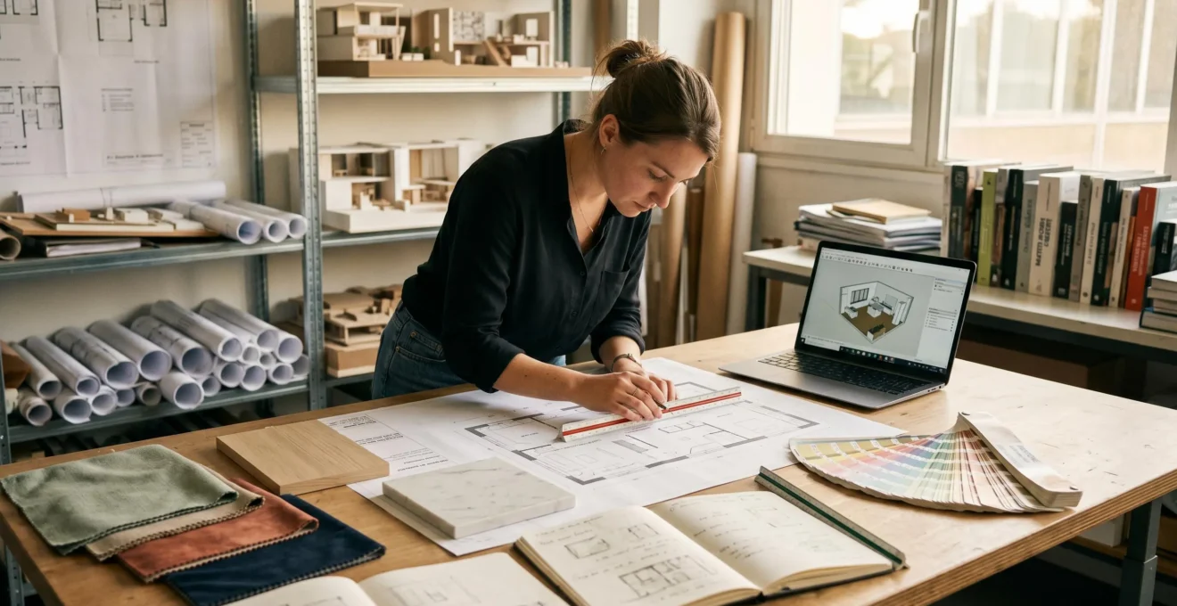 Étudiante en décoration d'intérieur travaillant sur un plan d'aménagement dans un atelier d'école d'arts appliqués, entourée de nuanciers, échantillons de tissus et matériaux, ordinateur affichant un logiciel de modélisation 3D