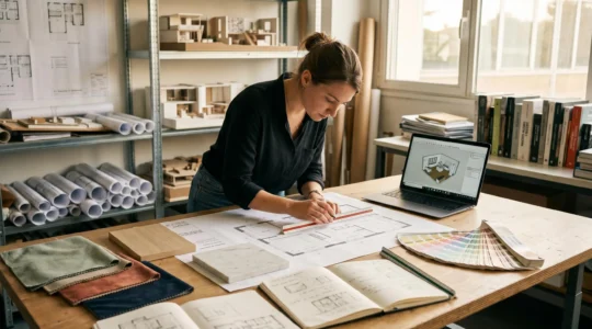 Étudiante en décoration d'intérieur travaillant sur un plan d'aménagement dans un atelier d'école d'arts appliqués, entourée de nuanciers, échantillons de tissus et matériaux, ordinateur affichant un logiciel de modélisation 3D