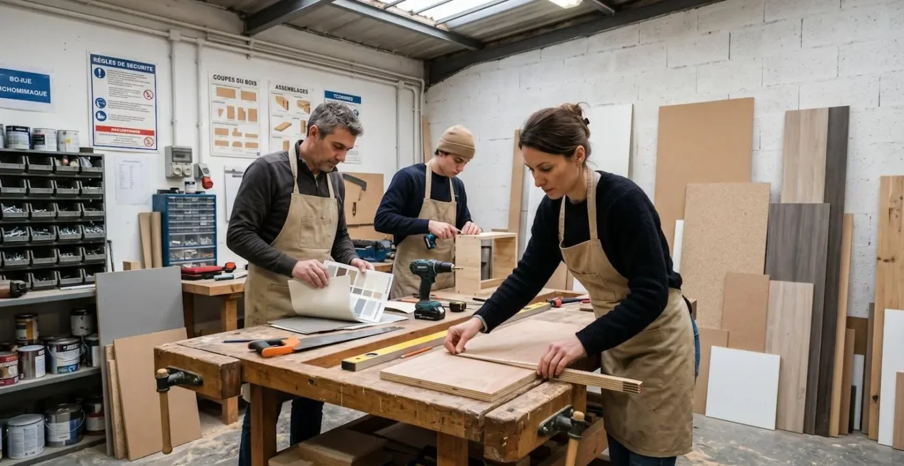 Étudiants en formation professionnelle d'agencement intérieur manipulant matériaux et outils dans un atelier technique : mesure de planches, consultation d'échantillons de revêtements muraux