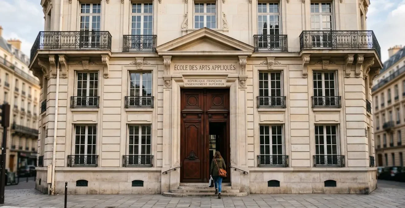 Façade d'une école d'arts appliqués parisienne en architecture haussmannienne, bâtiment en pierre claire avec grandes fenêtres, entrée principale à porte cochère en bois, étudiante montant les marches d'accès