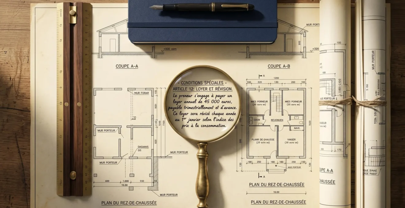 Vue aérienne d'une loupe vintage en laiton posée sur plans architecturaux jaunis, révélant une clause de bail commercial manuscrite en français, entourée d'une règle d'architecte et d'un carnet
