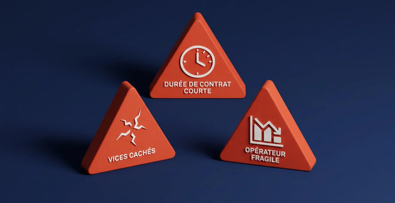 Trois balises triangulaires d'alerte en 3D isométrique rouge-orangé sur fond bleu nuit, affichant pictogrammes d'horloge, fissure et graphique descendant symbolisant les risques LMNP occasion