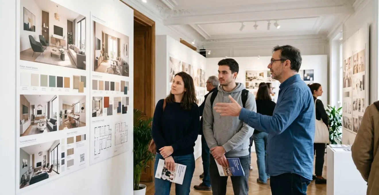 Visiteurs lors d'une journée portes ouvertes d'école de décoration intérieure, écoutant un enseignant expliquer des projets d'étudiants affichés sur un panneau d'exposition, brochures en main