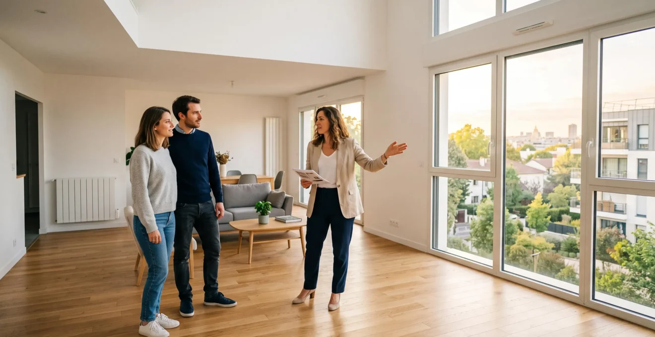 Agent immobilier présentant un appartement contemporain lumineux avec grandes fenêtres à un jeune couple lors d'une visite immobilière en France