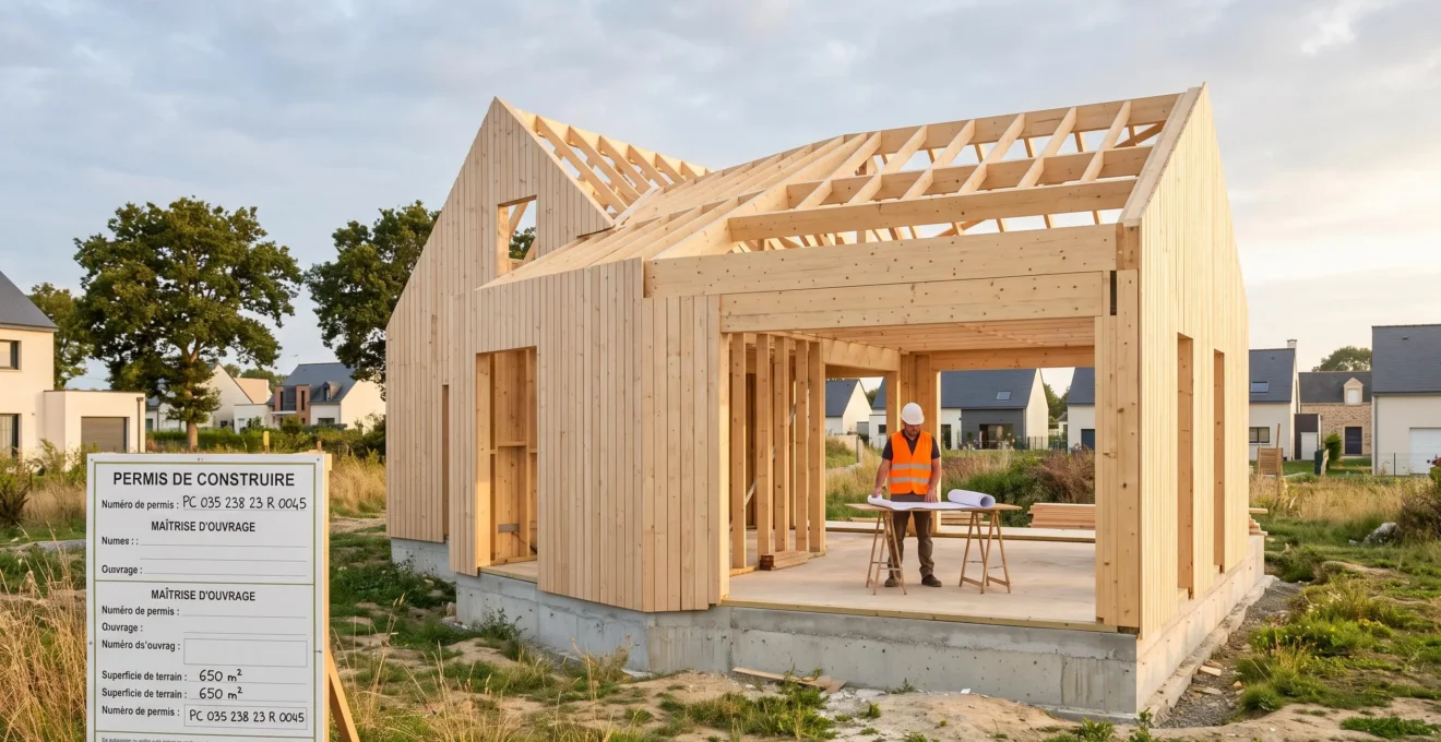 Chantier de construction d'une maison individuelle contemporaine en ossature bois en zone périurbaine française, phase gros œuvre, avec conducteur de travaux consultant des plans en arrière-plan et panneau de chantier réglementaire visible