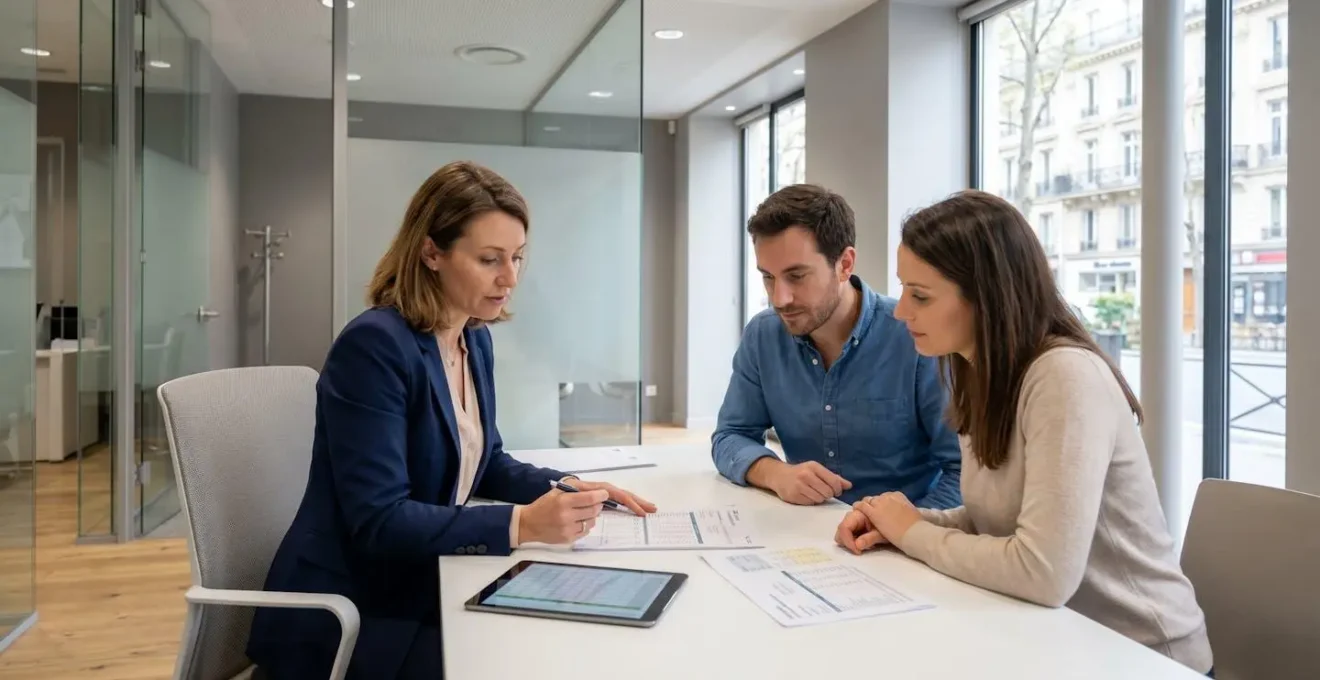 Conseillère bancaire et couple trentenaire consultant des documents de simulation de prêt immobilier sur un bureau épuré dans une agence bancaire française contemporaine