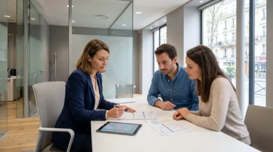 Conseillère bancaire et couple trentenaire consultant des documents de simulation de prêt immobilier sur un bureau épuré dans une agence bancaire française contemporaine