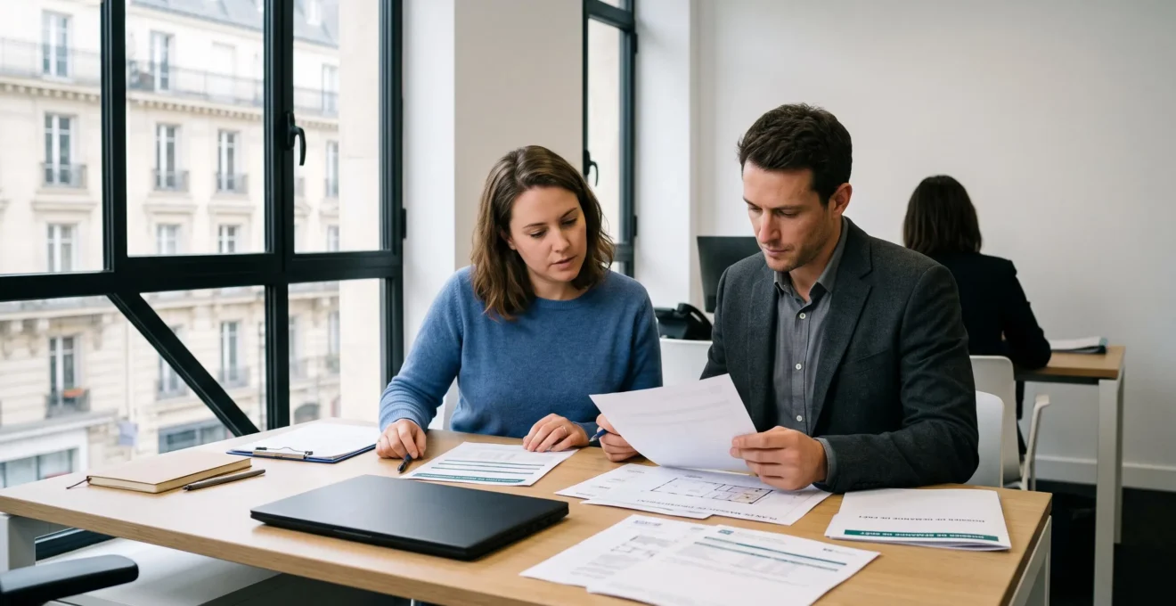 Couple de jeunes trentenaires assis à un bureau moderne en bois clair dans une agence bancaire française, consultant ensemble des documents officiels de simulation de crédit immobilier et plans d'appartement, avec architecture haussmannienne visible par la fenêtre