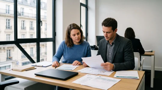 Couple de jeunes trentenaires assis à un bureau moderne en bois clair dans une agence bancaire française, consultant ensemble des documents officiels de simulation de crédit immobilier et plans d'appartement, avec architecture haussmannienne visible par la fenêtre