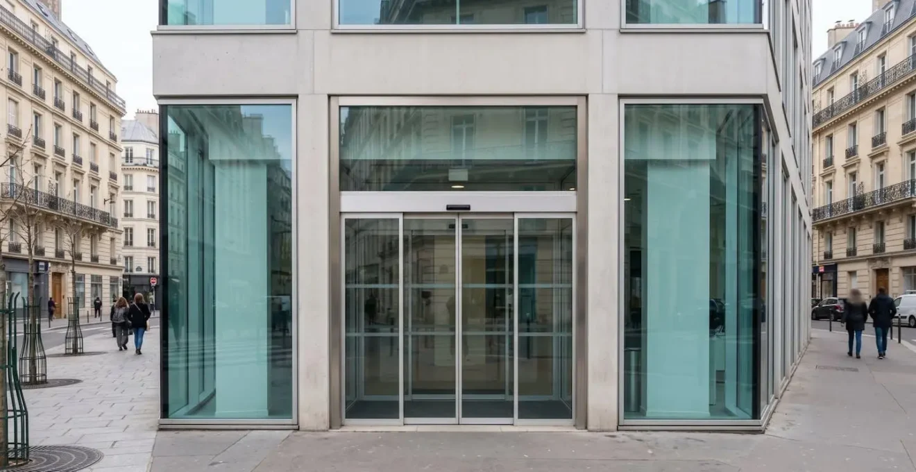 Façade contemporaine en verre et béton d'une agence bancaire française en contexte urbain avec immeubles haussmanniens en arrière-plan
