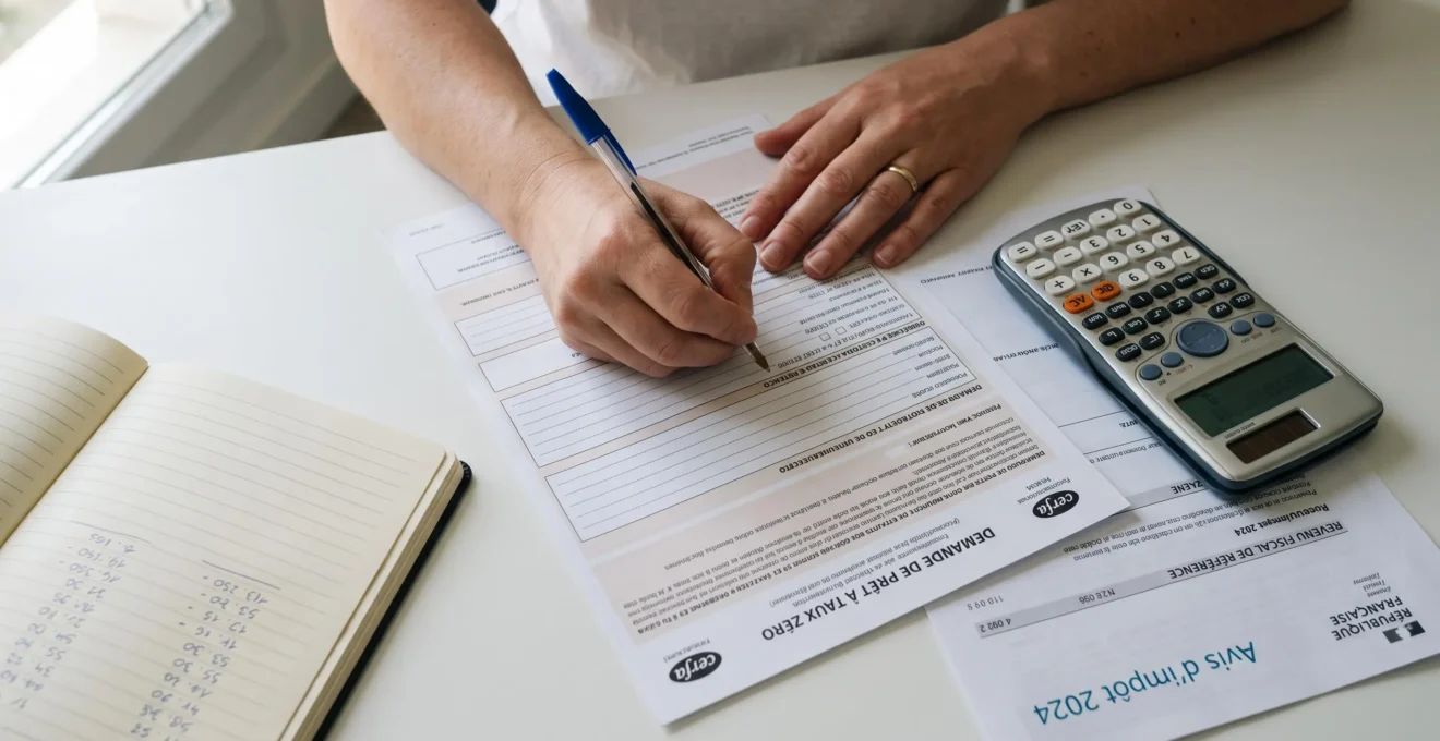 Mains d'une personne remplissant un formulaire administratif Cerfa PTZ avec stylo bleu sur bureau blanc, accompagné d'une calculatrice moderne et d'un avis d'imposition français mentionnant le revenu fiscal de référence
