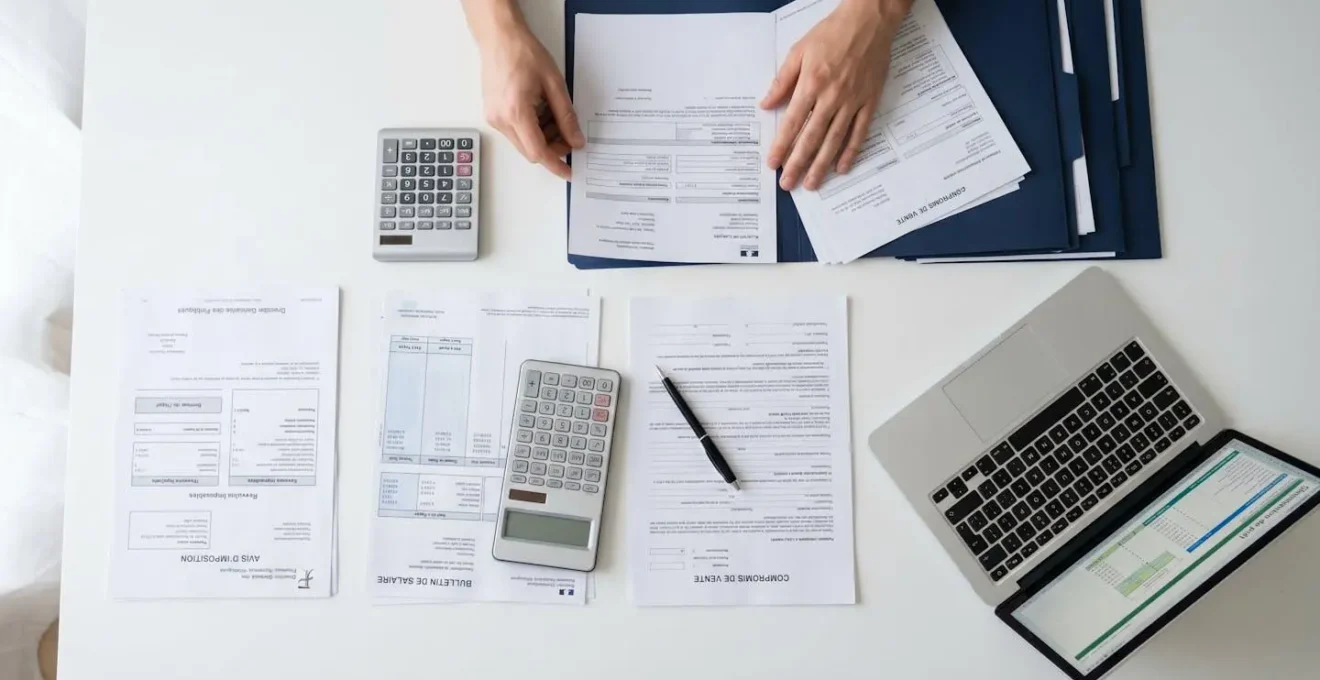 Vue aérienne d'un bureau blanc avec documents administratifs français pour dossier de prêt immobilier incluant avis d'imposition, bulletins de salaire, compromis de vente, calculatrice et ordinateur portable