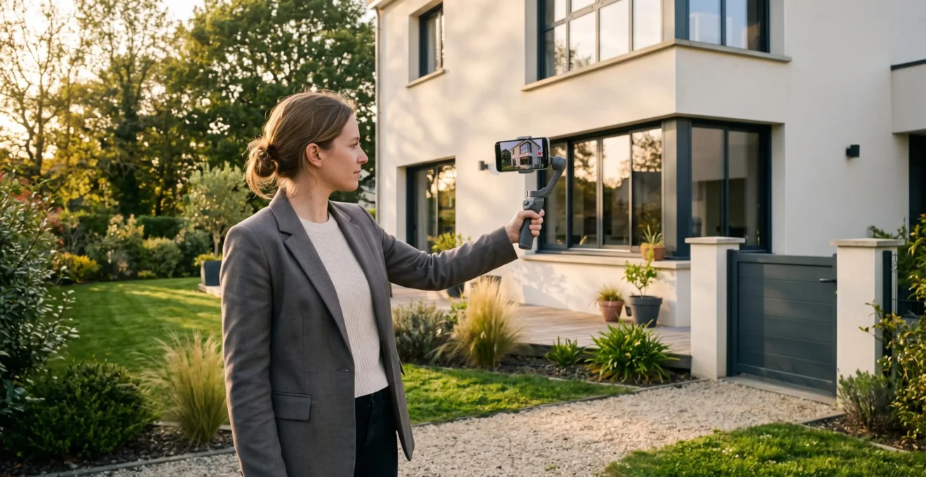 Agent immobilier filmant une vidéo de présentation d'une maison individuelle contemporaine avec smartphone monté sur stabilisateur gimbal, lumière naturelle de fin d'après-midi
