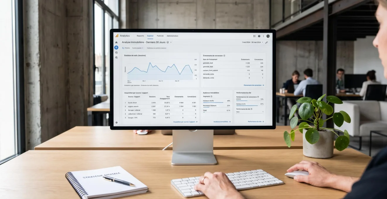 Écran d'ordinateur affichant l'interface Google Analytics 4 en français avec tableau de bord de performance pour annonces immobilières, graphiques de trafic et métriques de conversion, mains sur clavier