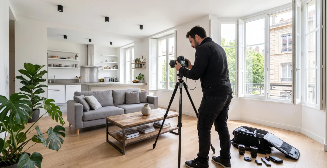 Photographe immobilier professionnel en train de réaliser un shooting photo HDR d'un séjour d'appartement lumineux avec trépied et matériel photo, lumière naturelle et spots LED
