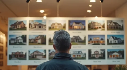 Responsable marketing d'agence immobilière analysant les statistiques de performance de ses annonces sur un tableau de bord de portail immobilier français affiché sur grand écran d'ordinateur dans un bureau moderne